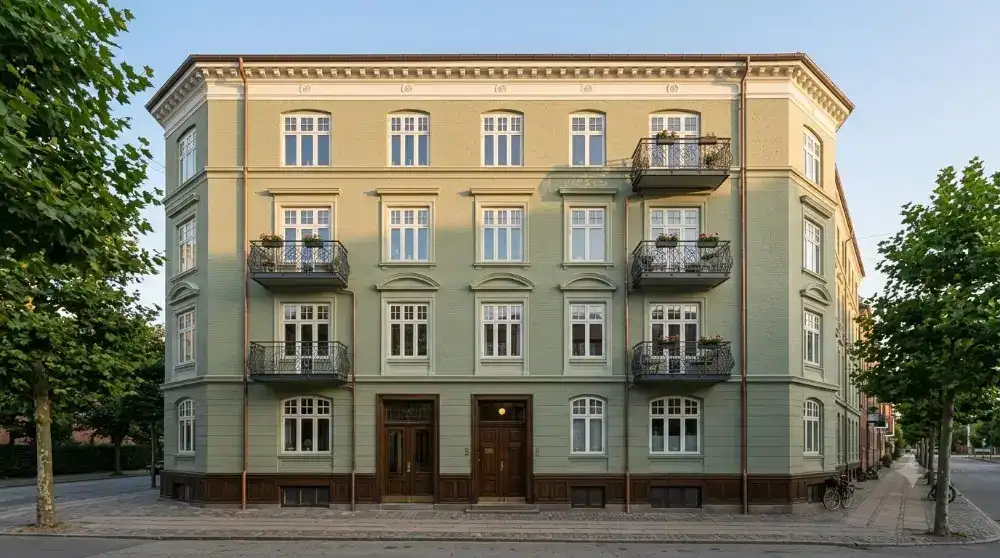 Klassisk nymalet etageejendom med grøn facade og hvide vinduer