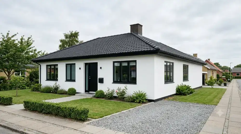 Hvidt pudset dansk parcelhus med sorte vinduer og sort tag